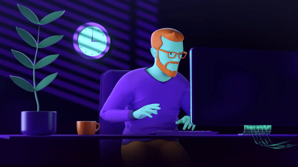 Image of a 3d animated man on computer image of a 3d animated man scrolling online