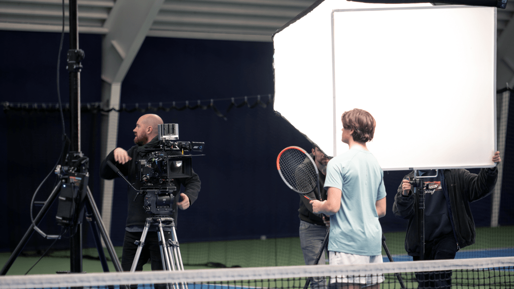 ets bts 1 image showing a video production shoot for a commercial and a tennis player